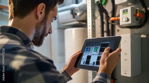 Technician in a modern home performing maintenance on a climate control system, consulting a tablet device for system diagnostics and service