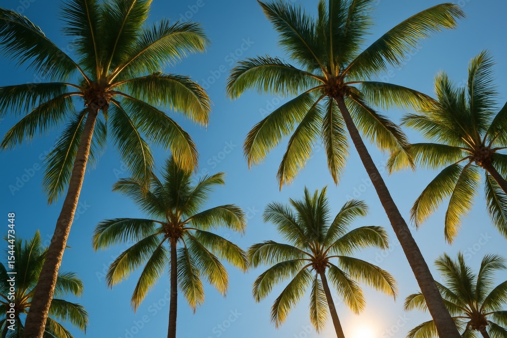Obraz premium Tropical Palm Trees Swaying Under a Bright Blue Sunny Sky
