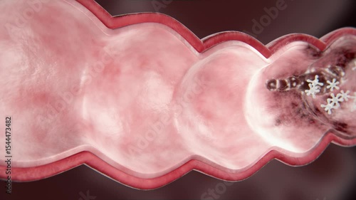 Close-up of intestinal cross section, drug molecules clean intestinal waste, clean up stool, repair intestines, enteritis, 3D rendering