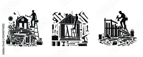 Three construction workers building house fence and shed silhouette