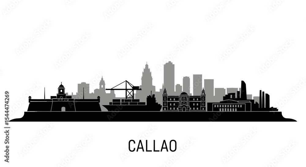 Fototapeta premium Callao Skyline with Peru Black Silhouette.