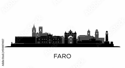 Faro with Portugal Skyline Black and white silhouette.