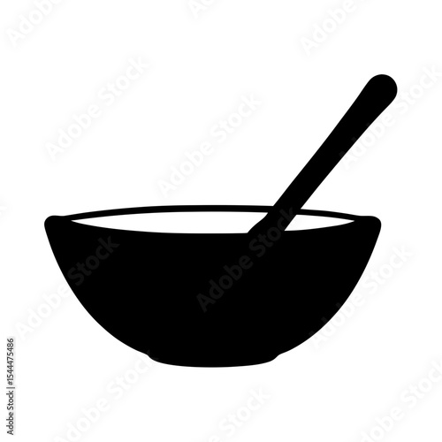 Simple black and white illustration of a bowl with a spoon inside
