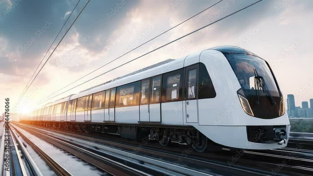 Modern High-Speed Train Journey: A sleek, modern train speeds along elevated tracks against a backdrop of a city skyline. Modern High-Speed Train Journey: A sleek, modern train speeds along elevated tracks against a backdrop of a city skyline.