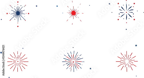 Flat Vector 4th of July Fireworks Burst Set in Red White Blue for Patriotic Design
