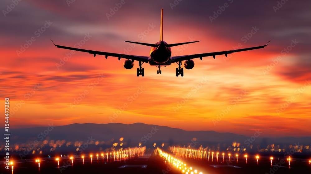 A commercial airplane approaches a runway at sunset, with a vibrant orange and purple sky and city lights glowing in the distance. A commercial airplane approaches a runway at sunset, with a vibrant orange and purple sky and city lights glowing in the distance.