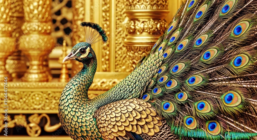 Fototapeta premium Golden Peacock: Opulent Bird Amidst Sparkling Gold Accents