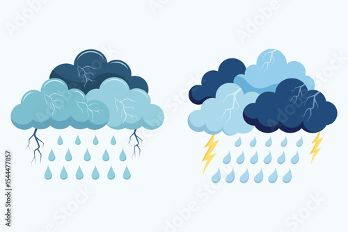 Vector Illustration of dark thunderclouds, heavy Rainfall, and striking lightning. Rainy stormy clouds vector set with natural organic shape and 3d style.