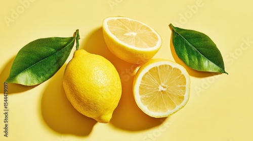 Wallpaper Mural Fresh whole and halved lemons with green leaves on a yellow background, showcasing vibrant citrus and natural textures. Torontodigital.ca