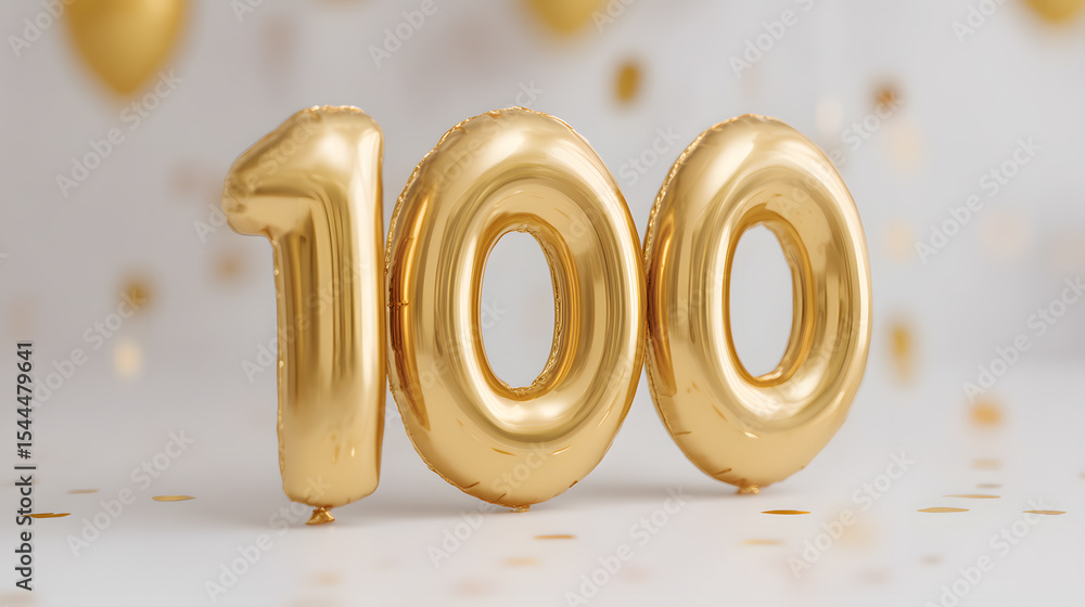 Shiny gold balloon numbers forming 100, standing on a festive surface with glowing lights in background. Ideal for milestone celebration. Shiny gold balloon numbers forming 100, standing on a festive surface with glowing lights in background. Ideal for milestone celebration.