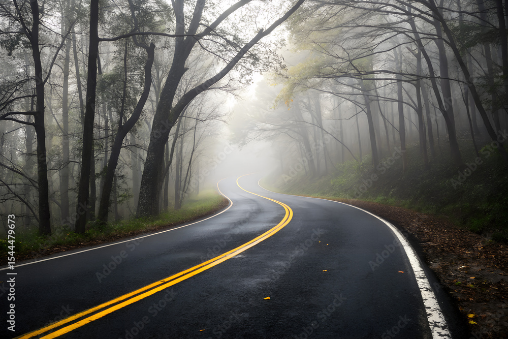 Fototapeta premium Asphalt Road Through Misty Forest with Yellow Center Line