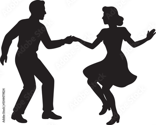 silhouette of couple retro swing dancing vector art illustration