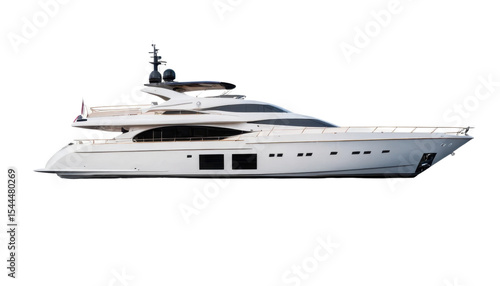 A luxury yacht viewed from the side, floating on white background