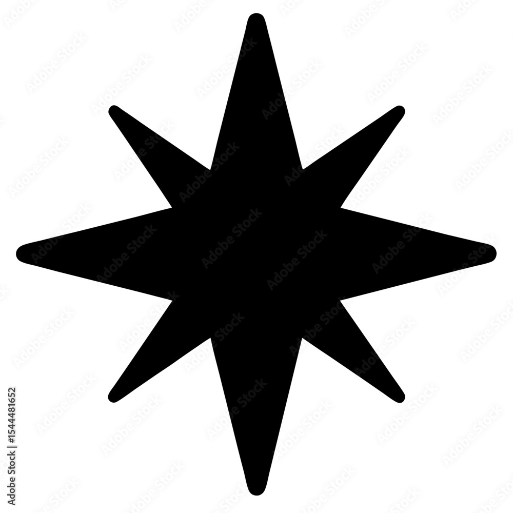 Eight pointed star with rounded tips in solid black on white backdrop Eight pointed star with rounded tips in solid black on white backdrop