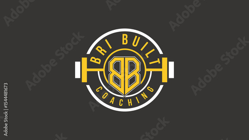 Bold BB monogram fitness coaching logo with barbell and circular badge design in yellow and white on dark background, perfect for gym branding and personal training identity