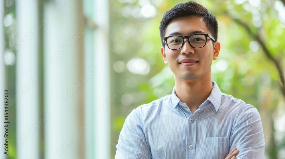 Obraz premium A young man wearing glasses, standing in a modern office with a window in the background.