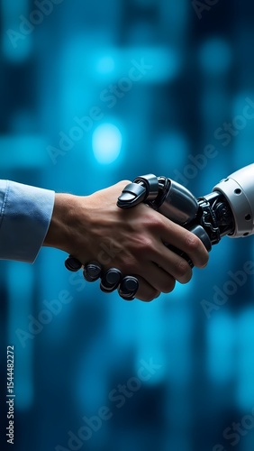 Human and robot handshake symbolizing futuristic technological collaboration