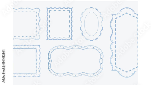 Collection of six light blue decorative frames with different shapes and scalloped edges on a white background