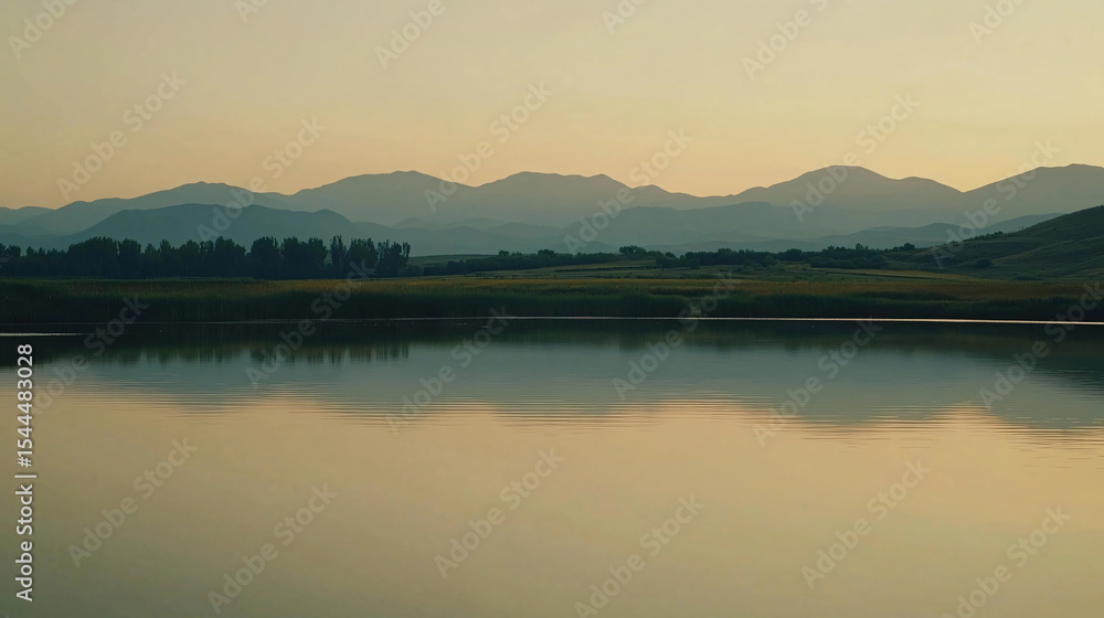 Fototapeta premium A picturesque view of a calm lake mirroring distant mountains at dusk