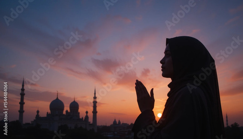 Silhouette of a young Muslim woman wearing a hijab, sincerely praying with raised hands during sunset