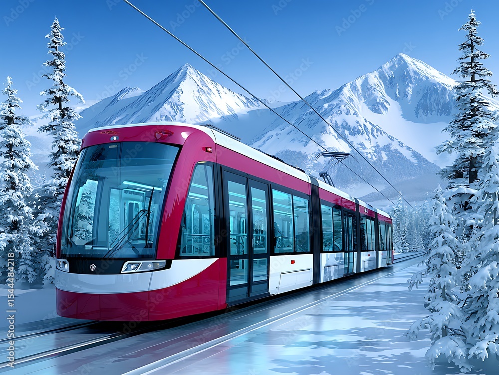 Naklejka premium Modern tram in snowy mountains