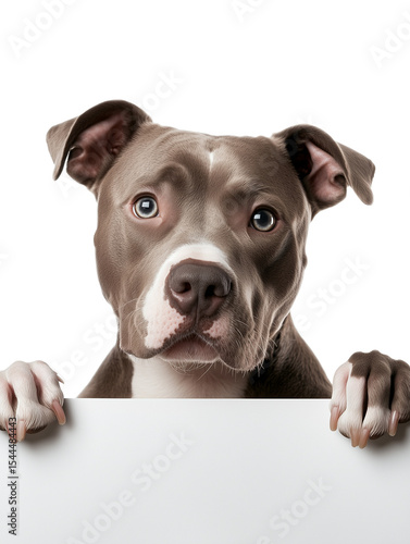 American Pit Bull Terrier dog on a background of isolated white holds a rectangular piece of paper in its paws