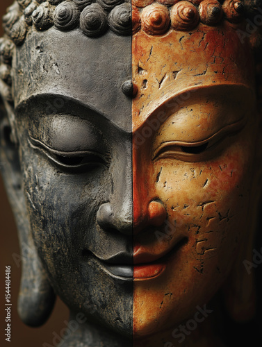 The statue face of Buddha golden and half black