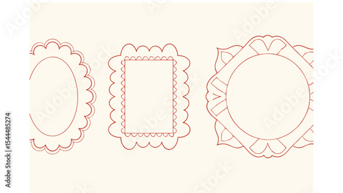 Three decorative frames with scalloped and floral designs in red against cream background design element