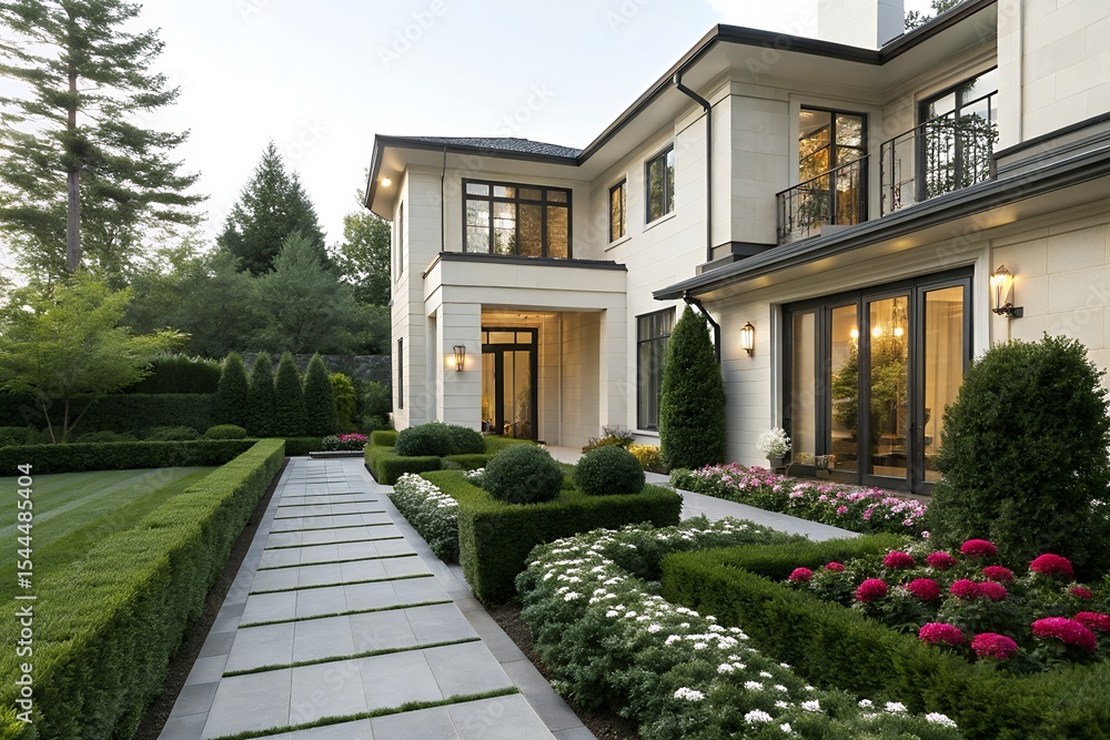 Naklejka premium Modern luxury home exterior with landscaped garden and walkway