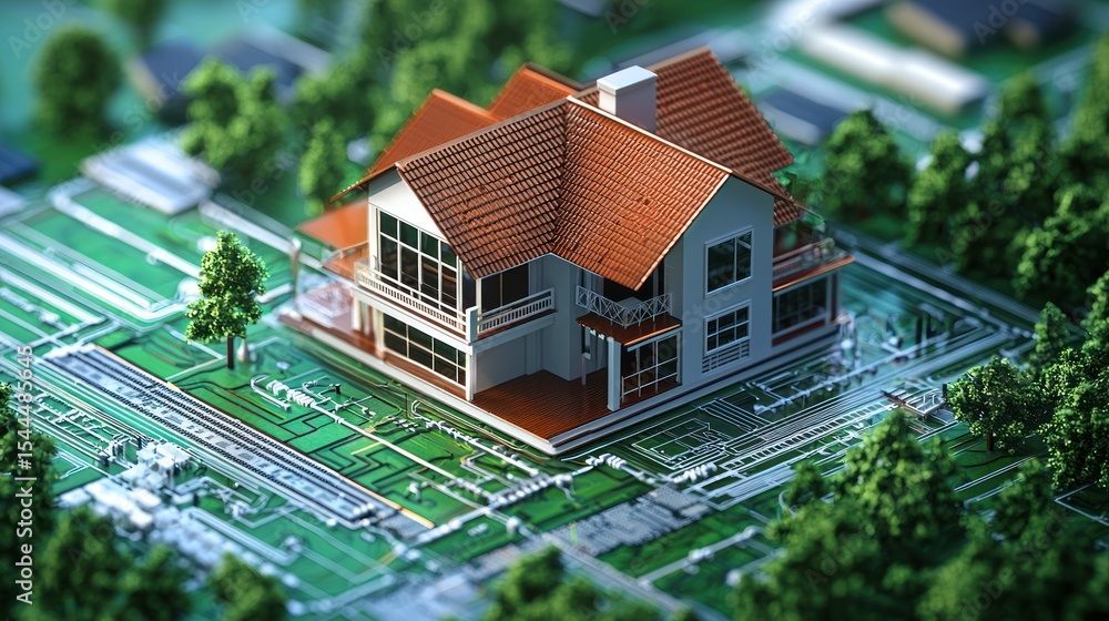 A miniature model of a two-story house with red-tiled roof and green roof, surrounded by a lush green landscape with trees and grass, set against a blurred background of more trees and greenery. A miniature model of a two-story house with red-tiled roof and green roof, surrounded by a lush green landscape with trees and grass, set against a blurred background of more trees and greenery.