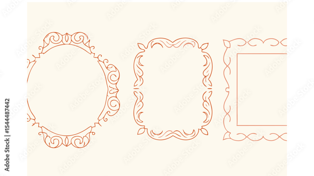 Three ornate frames with floral and scroll designs in a light peach color on a cream background Three ornate frames with floral and scroll designs in a light peach color on a cream background