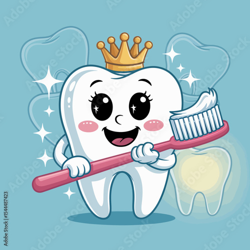 Tooth Character with Toothbrush and Sparkles
