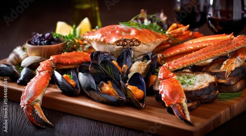 Fototapeta Naklejka Na Ścianę i Meble -  Un plateau en bois avec divers fruits de mer, dont des pattes de crabe et des moules, disposées sur une table avec des verres de vin rouge en arrière-plan.