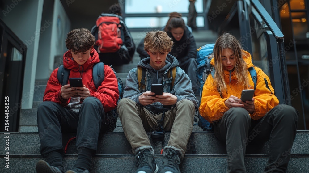 Fototapeta premium Teenagers on Stairs Focused on Their Phones