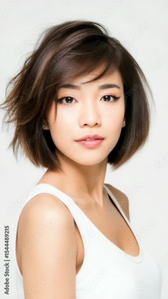 Smiling woman's gradual expression shift in studio setting Smiling woman's gradual expression shift in studio setting
