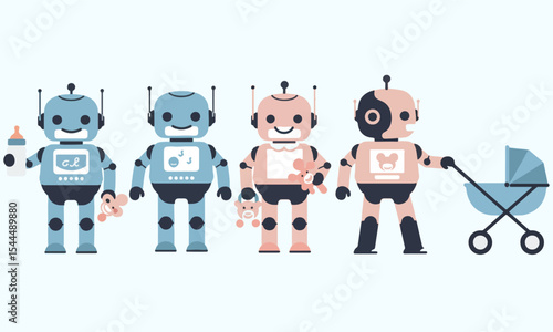 set minimalist geometric flat vector design of baby care robots