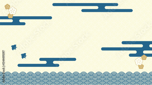 16:9の背景素材：日本の伝統的な柄を集めた、海の上を飛ぶ千鳥のいる風景