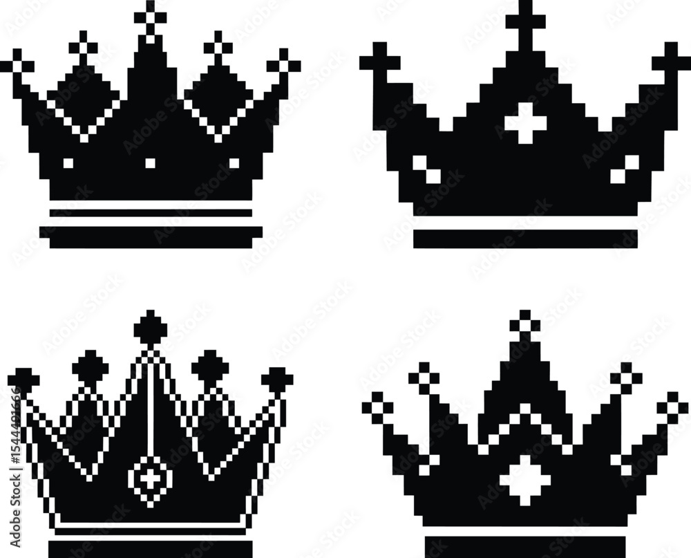 Fototapeta premium Pixel-style crown vector set - 4 royal 8-bit silhouettes, EPS JPEG PNG