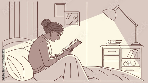 Illustration of a woman reading a book in bed with a bedside table and lamp in a cozy bedroom scene