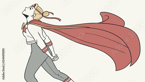 Illustration of a woman with blonde hair wearing a cape looking up towards the sky with determination