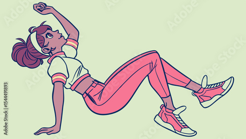 Illustration of a woman in retro sportswear lying down with one arm raised against a light green background