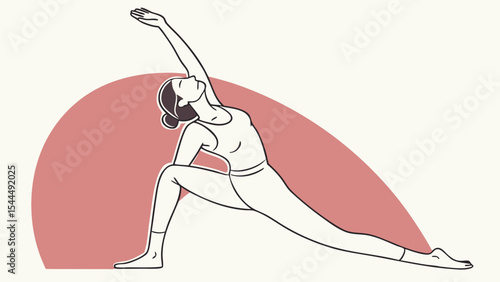 Woman in yoga pose with arm raised against a pink backdrop demonstrating warrior pose variation stretch