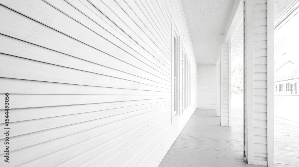 Naklejka premium A white wooden porch with white pillars and a white roof, featuring a white wooden wall with white siding and a white wooden floor.