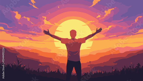 silhouette of a happy man with open hands in the sunset