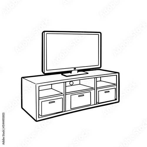 Modern TV stand with flat screen television.  Stylish TV stand with three drawers and open shelves for media components.  Contemporary design ideal for home theater setup.