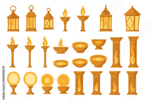 Fantasy light asset set with lanterns, braziers, flames, and glowing orbs