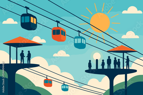 Illustration of a scenic cable car ride with people at stations and bright sun.