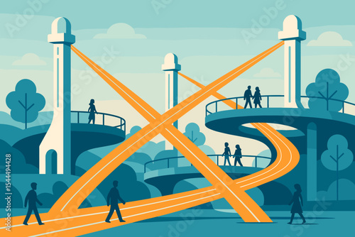 Illustration of intersecting pathways and people walking in a modern cityscape.