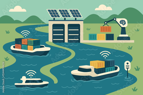 Smart shipping port with AI, solar energy, and autonomous cargo boats