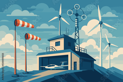 Stylized airfield with wind turbines, weather station, and small aircraft